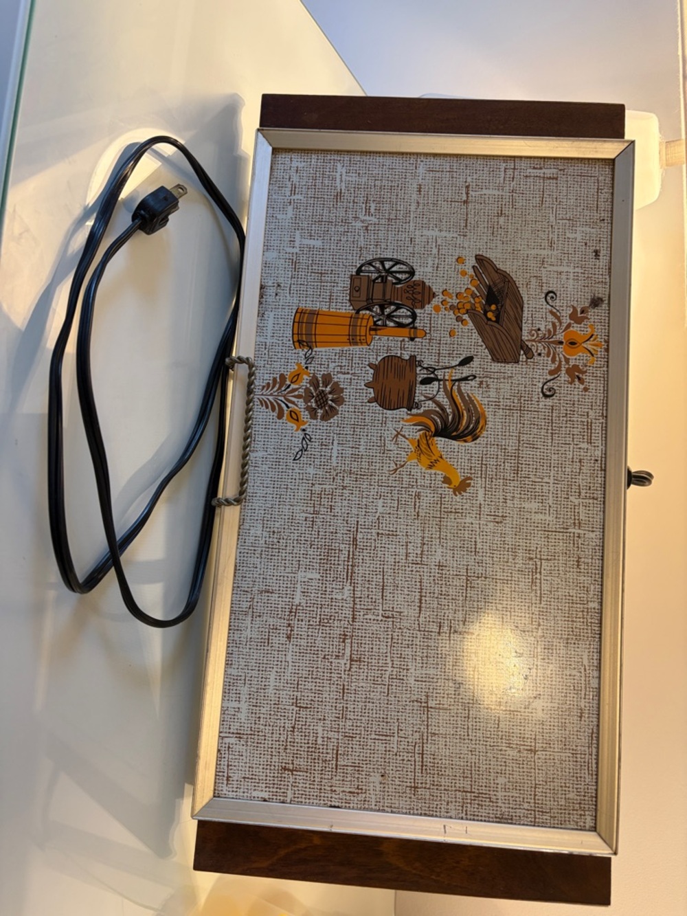 Vintage Mid-Century Electric Serving Tray with Harvest Motif - Brown & Gold.